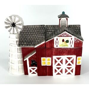 Vtg Cracker Barrel 2 Pc Barn Windmill Farm Scene Cookie Jar Red Ceramic Set 1998